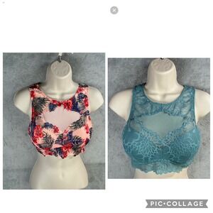 Victoria's Secret PINK Lace Bralette Set of 2 Floral Teal High Neck Small